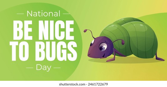 Nacional ser agradable al día de los insectos. Vector Horizontal divertido Anuncio de vacaciones con dibujos animados escarabajo ilustración.