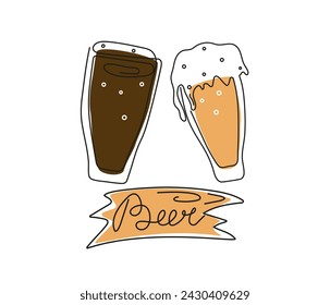 National Beer Day. Holiday, beer in a beer glass. Line art. Wooden sign with an inscription. Drink. Calligraphy, contour drawing. Vector illustration, isolated background.