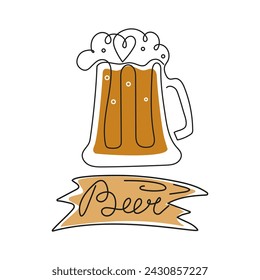 National Beer Day. Holiday, beer in a beer mug. Line art. Wooden sign with an inscription. Drink. Calligraphy, contour drawing. Vector illustration, isolated background.