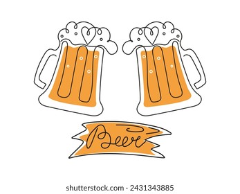 National Beer Day. Holiday, beer in beer mugs. Line art. Wooden sign with an inscription. Drink. Calligraphy, contour drawing. Vector illustration, isolated background.