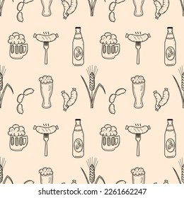 National Beer Day in USA. Oktoberfest. Seamless pattern for pub. Vector doodle illustration with alcohol and fried sausage. Menu design. Pattern. Printing on package.