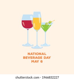 Cartel del Día Nacional de la Bebida con diferentes tipos de bebidas vectoriales. Bebiendo gafas con el icono de las bebidas. Afiche del Día de la Bebida, 6 de mayo. Día importante