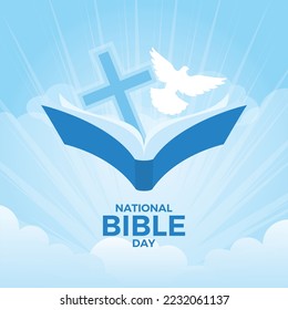 National Bible Day vector. Holy bible book, religious cross and holy spirit white dove on a blue heaven background vector. Christian feast illustration. Important day