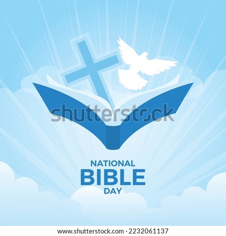 National Bible Day vector. Holy bible book, religious cross and holy spirit white dove on a blue heaven background vector. Christian feast illustration. Important day
