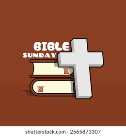 National Bible Sunday to celebrate on fourth Sunday in January. A cross of Christ with two bible books on brown background. Religion event banner.