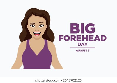 Ilustração vetorial do cartaz do Dia da Testa Grande Nacional. Retrato de uma mulher feliz com um grande ícone na testa. Garota sorridente com desenho animado na testa. Modelo para plano de fundo, banner, cartão. 3 de agosto