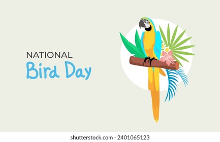 Cartel del Día Nacional de las Aves. 5 de enero. Concepto de vacaciones. Loro con inscripción de texto. Ilustración plana del vector