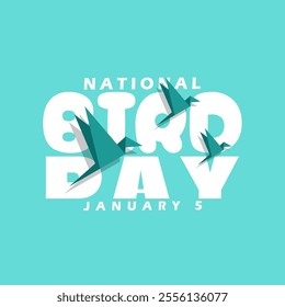 National Bird Day to celebrate on January 5th. Bold text with origami birds on light blue background.