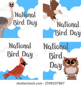 National Bird Day. Celebrating national bird day with  bird illustrations. Owl, eagle, ostrich and cardinal against the background of sky and clouds. Vector template