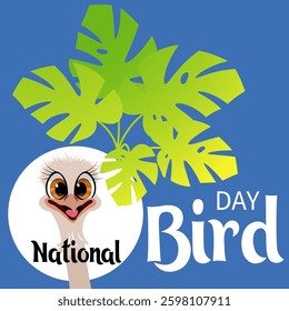 National Bird Day. Celebrating national bird day with  bird illustrations. Laughing ostrich head and monstera leaves. Vector template