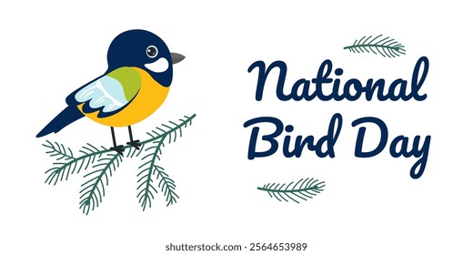 National Bird Day celebration with a colorful bird design on a pine branch