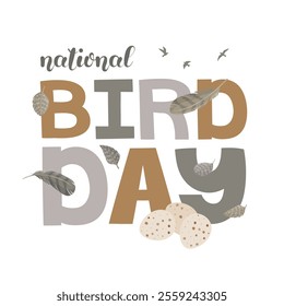 National bird day greeting card with eggs and feathers