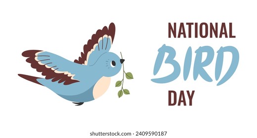 National bird day, January 5. Blue bird holds plant in its beak. Vector flat banner with handwriting inscription.