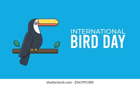 National Bird Day Vector banner on blue background. Toucan bird. January 5.Poster of cute and colorful bird sitting on tree branch for national bird day celebration. Suitable for greeting card.