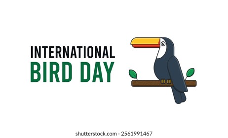 National Bird Day Vector banner on white background. Toucan bird. January 5.Poster of cute and colorful bird sitting on tree branch for national bird day celebration. Suitable for greeting card.