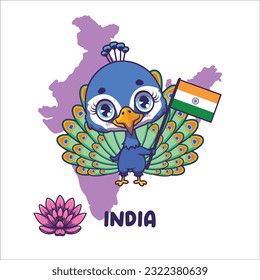 National bird peacock holding the flag of India. National flower lotus displayed on bottom left