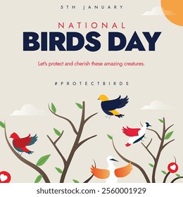 National Birds Day. 05th January Birds Day post for social media awareness. Birds Day post with colourful birds flying and sitting on trees.