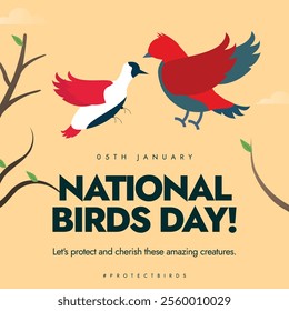 National Birds Day. 05th January Birds Day post for social media awareness. Bird Life post with colourful birds flying and trees. This day raise awareness about bird life and care for them.