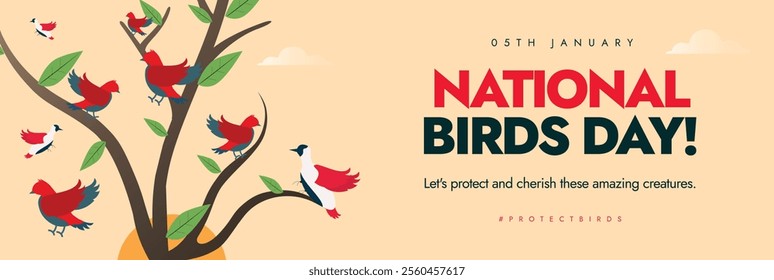 National Birds Day. 5th January awareness cover for birds life. Bird Life poster with colourful birds flying and trees