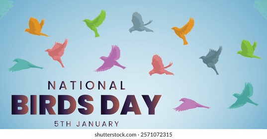 National Birds Day. 5th January awareness cover for birds life. Bird Life poster with colorful birds flying and trees