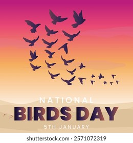 National Birds Day. 5th January awareness cover for birds life. Bird Life poster with colorful birds flying and trees