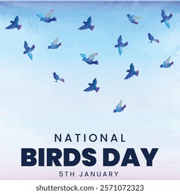 National Birds Day. 5th January awareness cover for birds life. Bird Life poster with colorful birds flying and trees