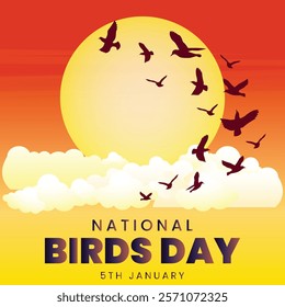 National Birds Day. 5th January awareness cover for birds life. Bird Life poster with colorful birds flying and trees