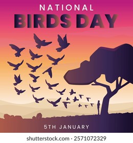 National Birds Day. 5th January awareness cover for birds life. Bird Life poster with colorful birds flying and trees