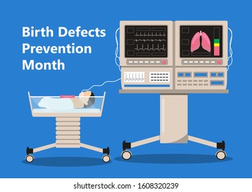 National Birth Defects Prevention Month is celebratedin January in USA.  Neurology concept vector. Reanimation equipment for nursing premature newborns. 