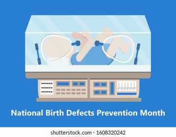 National Birth Defects Prevention Month is celebratedin January in USA.  Neurology concept vector. Reanimation equipment for nursing premature newborns. 