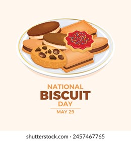 National Biscuit Day poster vector illustration. Cookies on a plate icon vector. Shortbread cookie drawing. Template for background, banner, card. May 29 every year. Important day