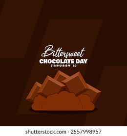 National Bittersweet Chocolate Day to celebrate on January 10th. Bittersweet chocolate bar pieces on dark brown background. Food event banner.