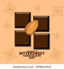 National Bittersweet Chocolate Day event banner. Four pieces of chocolate bar with a large almond and bold text on light brown background to celebrate on January 10