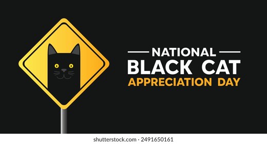 Día Nacional del Gato Negro. Ideal para tarjetas, Anuncios, afiches, redes sociales y más. Fondo negro.