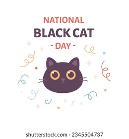 National Black Cat Day. Cute cat. Celebration, holiday, confetti. Vector illustration in flat style