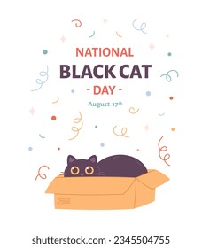 National Black Cat Day. Cute cat in box. Party, celebration, confetti. Vector illustration in flat style