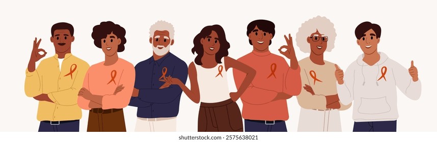 National Black HIV AIDS Awareness Day. Group portrait of men and women with red awareness ribbons. Vector illustration in flat style