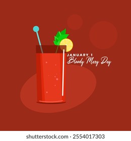 National Bloody Mary Day to celebrate on January 1st. A glass of Bloody Mary drink with lemon slices, leaves and drink stirrer on maroon background. Drink event banner.