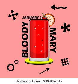 National Bloody Mary Day event banner. A glass of Bloody Mary drink with lemon slices and cherry, with bold text and elements on pink background to celebrate on January 1st