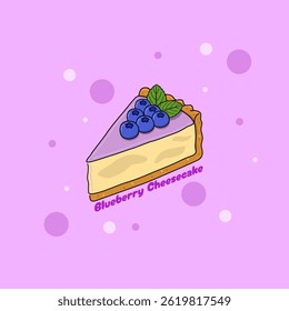 National Blueberry Cheesecake Day to celebrate on May 26th. A slice of cheesecake topped with blueberries and mint leaves on light purple background. Food event banner.