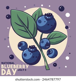 National Blueberry Day 8 July with a branch of blueberries in cartoon style. Design suitable for greeting card, poster, banner, background, wallpaper. Summer fruits for healthy lifestyle. Eps 10