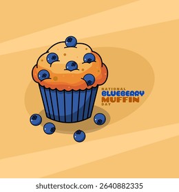 National Blueberry Muffin Day to celebrate on July 11th. A muffin topped with blueberries on beige background. Food event banner.