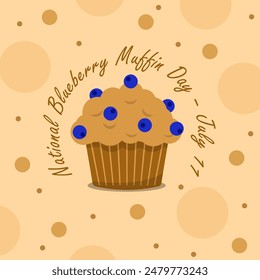 In: National Blueberry Muffin Day Event Food Banner. Ein Muffin mit Heidelbeerbelag auf hellbraunem Hintergrund zum Feiern am 11. Juli