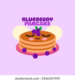 National Blueberry Pancake Day to celebrate on January 28th. Illustration of cute blueberry pancakes with fruit on light purple background. Food event banner.