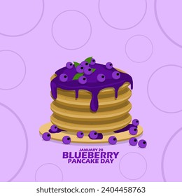 National Blueberry Pancake Day event banner. Delicious pancakes topped with blueberry syrup and fruit on wooden plate, with bold text on light purple background to celebrate on January 28