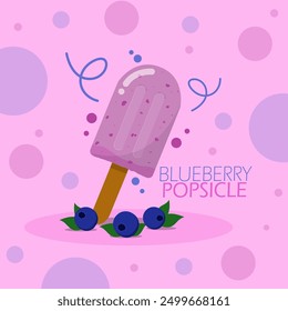 National Blueberry Popsicle Day event food banner.  A Popsicle ice cream stick with blueberry flavor with blueberries on light purple background to celebrate on September 2nd