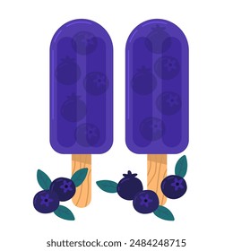 National Blueberry Popsicle Month. Ice cream popsicles from fresh organic blueberries. Berry sticky ice cream on a white isolated background