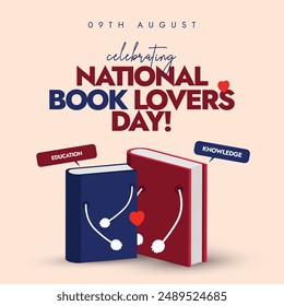 Día Nacional de los Amantes del Libro. 9 de Agosto Anuncio de celebración del Día Nacional de los Amantes del Libro, post con dos libros abrazándose. El día se celebra para disfrutar de la literatura y la lectura por bibliófilos.