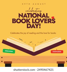 National Book lovers day. 9th August Celebrating Book lovers day banner, social media post with an open book words and letters flying on it. Book lovers conceptual banner design.