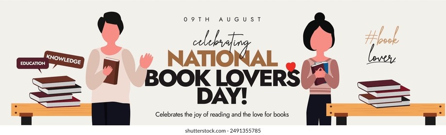 National Book lovers day. 9th August Book Lovers day celebration cover banner, background, post with a girl and a boy holding books in a library. The day is celebrated to enjoy literature and reading.